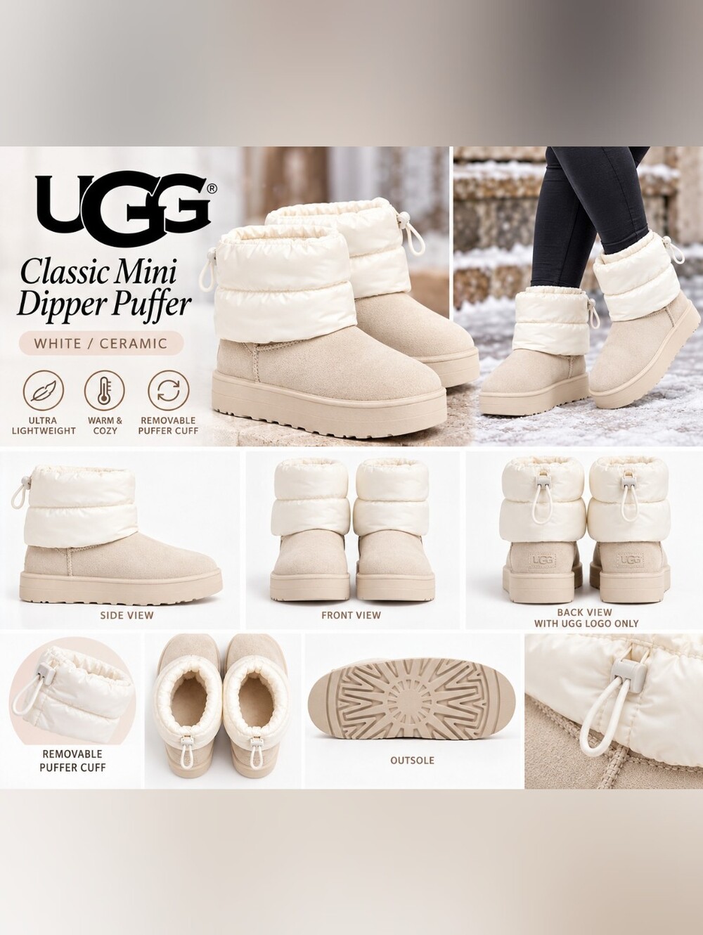 UGG Kids Classic Mini Dipper Puffer Boots in White/Cream